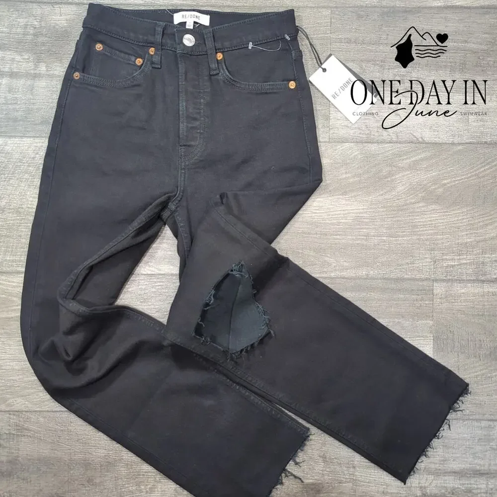 Re/Done 70s Stove Pipe Jeans Black Noir With Rip High Rise NWT Size 00 (24)